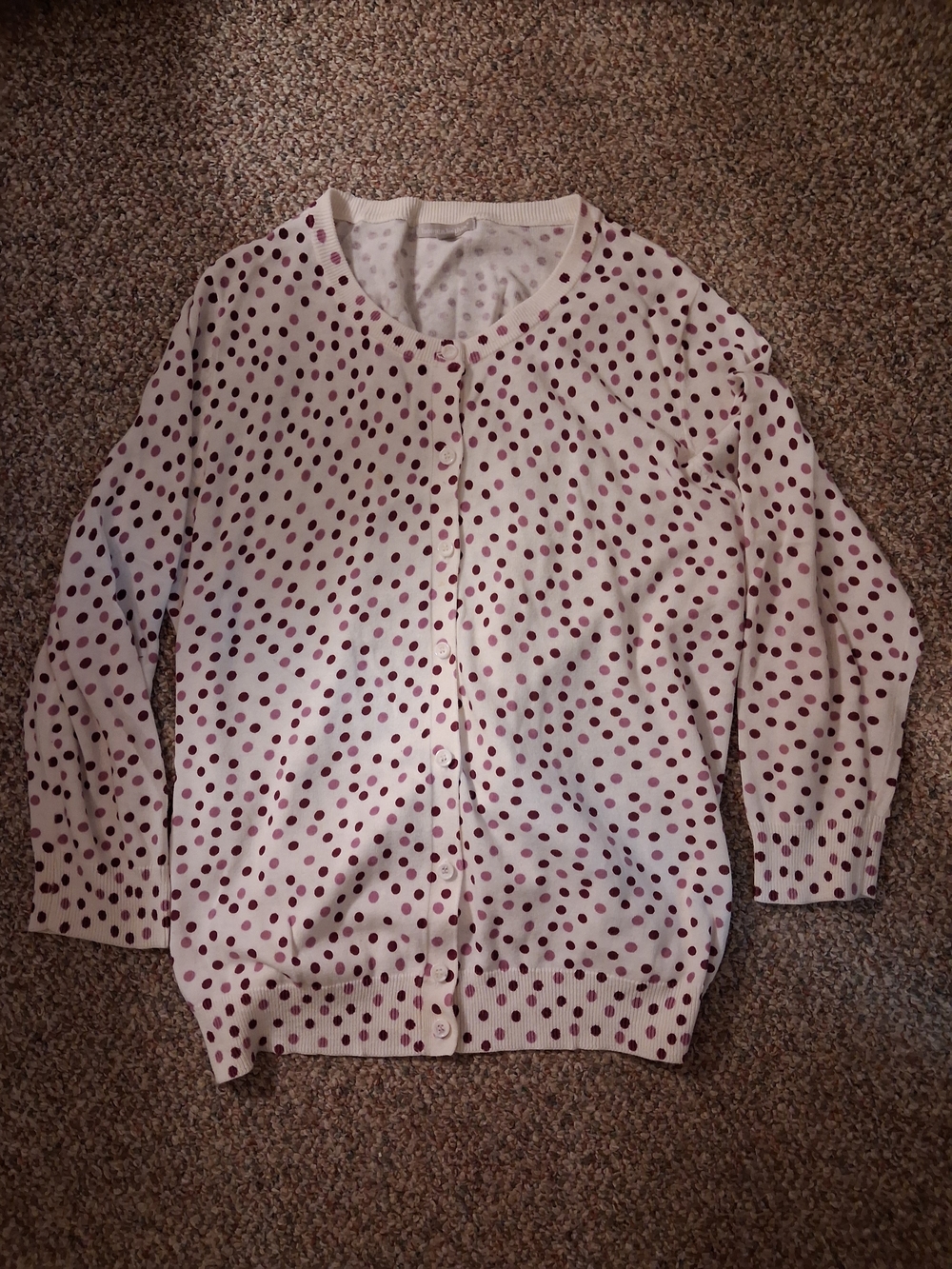Woman Within Cream Cardigan with Burgundy Polka Dots